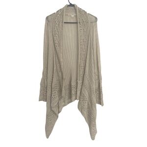 Boston Proper Womens Cardigan Open Knit Crochet Sharkbite M Tan Boho Coastal
